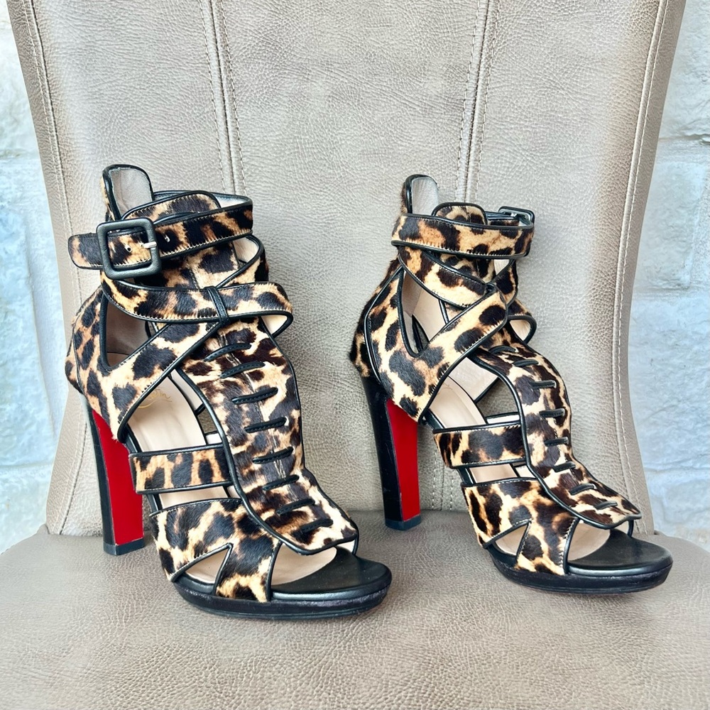 Christian loub Keny 120 Leopard Calf Hair Brown Black Gladiator Peep Toe 38 1/2